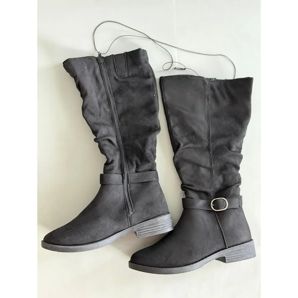 NEW! 7M Pop Chambers Womens Flat Heel Slouch Boots Black Suedelike